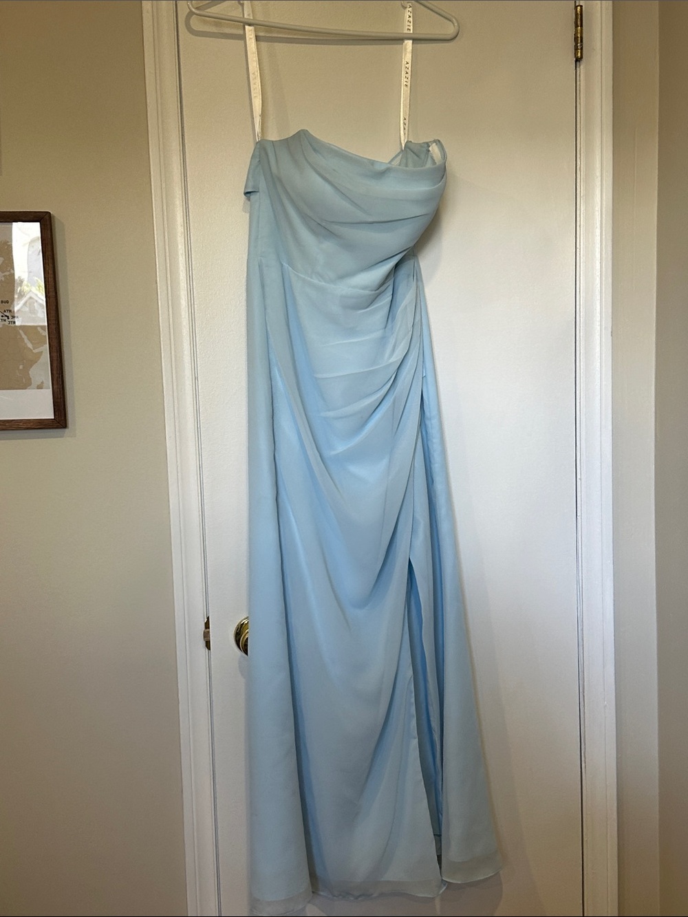 Azazie Light Blue Strapless Draped Maxi Dress